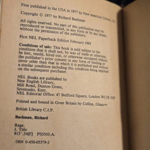 Stephen King as Richard Bachman Rage UK First Edition / First Printing